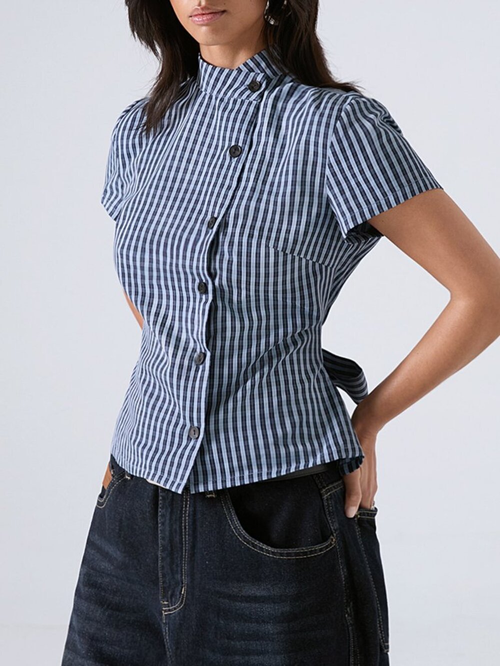 Blue Casual Women's Stand Collar Regular Fit Shirt Blouse - Picture 3 of 8